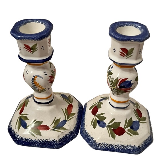 Vintage Herriot Quimper Porcelain Set of 2 Candlestick Holders France 5.75” - Picture 3 of 7